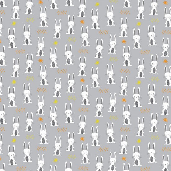 100% Cotton - Woodland Friends - Rabbits on Grey - Nutex Fabric