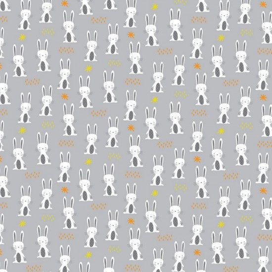 100% Cotton - Woodland Friends - Rabbits on Grey - Nutex Fabric