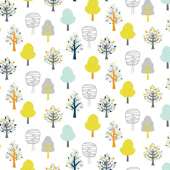 100% Cotton - Woodland Friends - Trees on White - Nutex Fabric
