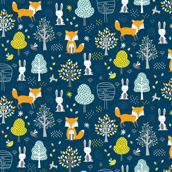 100% Cotton - Woodland Friends - Fox & Rabbit on Navy Blue - Nutex Fabric - 112cm wide