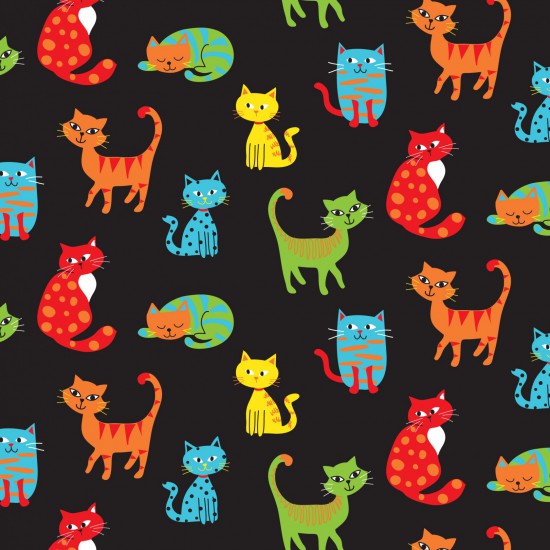 100% Cotton - Happy Paws - Multi Cats on Black - Nutex Fabric
