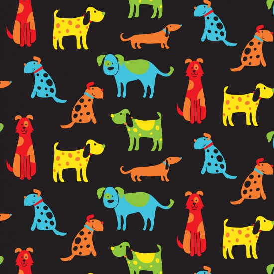 100% Cotton - Happy Paws - Multi Dogs on Black - Nutex Fabric