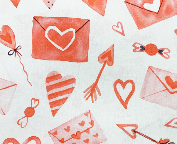 Valentine's Day Fabric - Red White Love Hearts & Letters - 100% Cotton