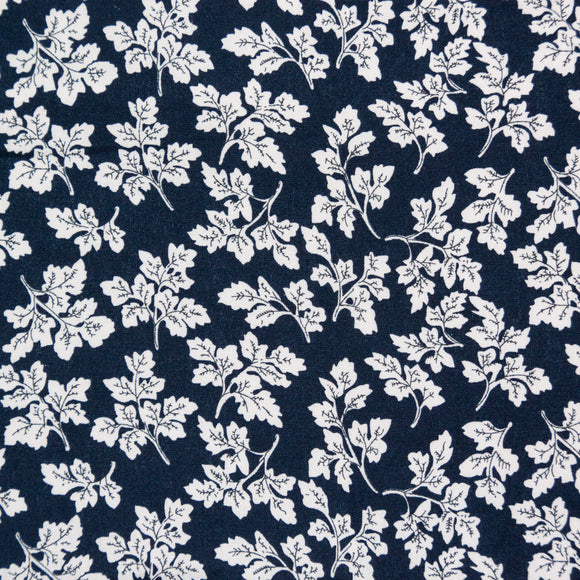 100% Cotton - Botanical Blue Leaf Print on Navy Blue - Floral Print Craft Fabric Material