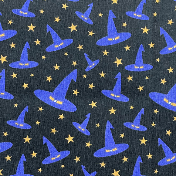 Halloween Fabric - Purple Witches Hats on Black - Polycotton Prints