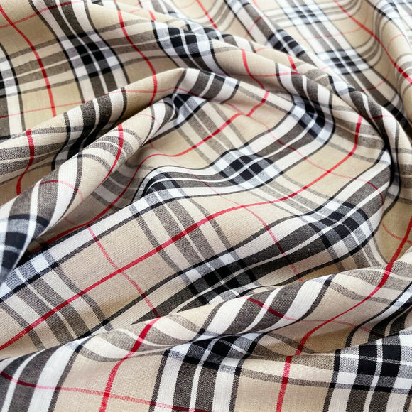 Beige & Black British Tartan Check Polyester Fabric