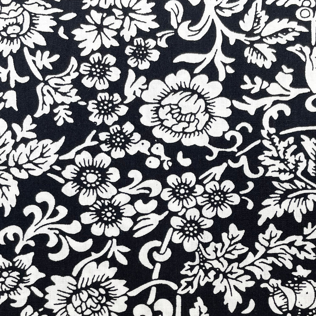 100% Cotton -  White Flowers & Vines on Black - Floral Craft Fabric Material