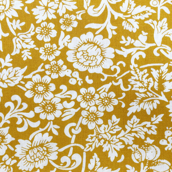 100% Cotton -  White Flowers & Vines on Gold - Floral Craft Fabric Material