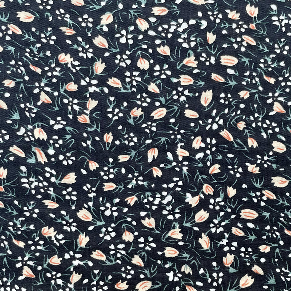 100% Cotton -  Peach Ditsy Daisy on Black - Floral Craft Fabric Material