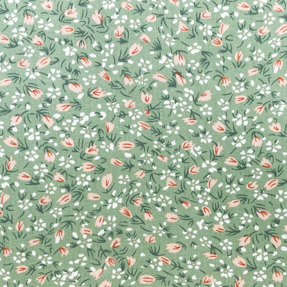 100% Cotton -  Pink Ditsy Daisy on Green - Floral Craft Fabric Material