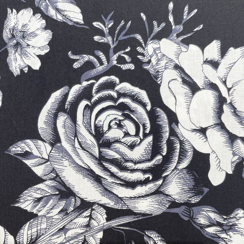 100% Cotton -  White Roses on Black - Floral Craft Fabric Material