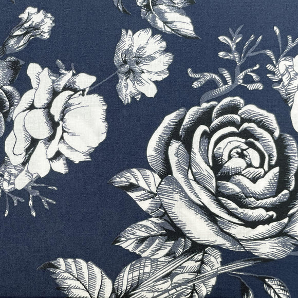 100% Cotton -  White Roses on Navy Blue - Floral Craft Fabric Material