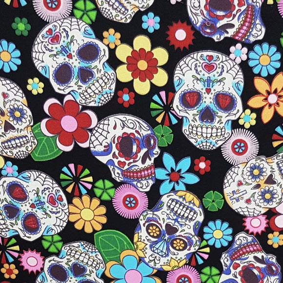 Halloween Fabric - Day of the Dead Sugar Skull Print - BLACK - 100% Cotton