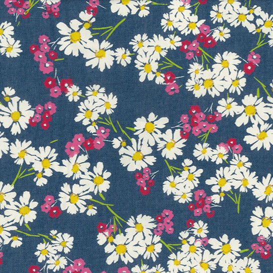 Cotton Denim Fabric - White Pink Daisy Floral Navy Blue - Dress Fabric Material
