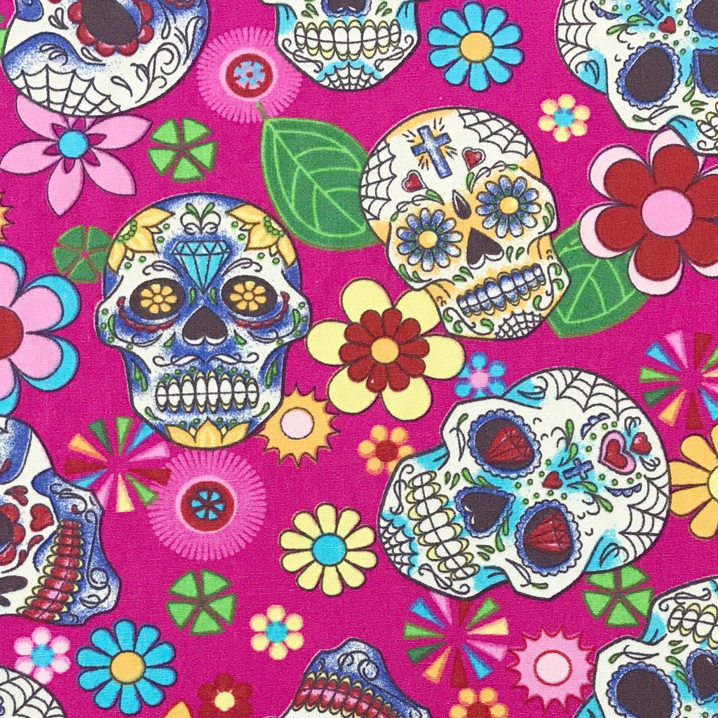 Halloween Fabric - Day of the Dead Sugar Skull Print - PINK - 100% Cotton