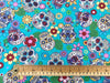 Halloween Fabric - Day of the Dead Sugar Skull Print - AQUA - 100% Cotton