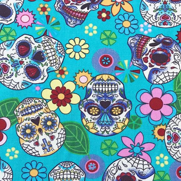 Halloween Fabric - Day of the Dead Sugar Skull Print - AQUA - 100% Cotton