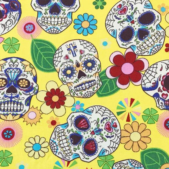 Halloween Fabric - Day of the Dead Sugar Skull Print - YELLOW - 100% Cotton