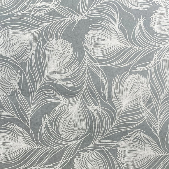 Cotton Poplin Fabric - White Feather Print on Grey