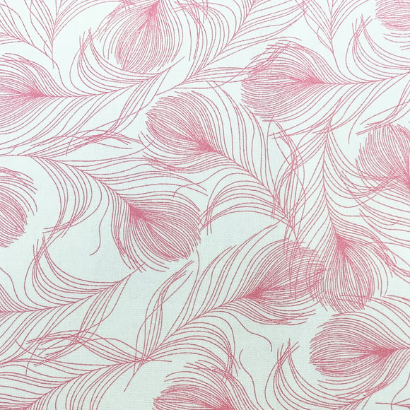 Cotton Poplin Fabric - Pink Feather Print on Ivory