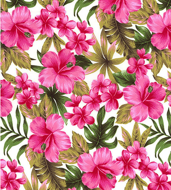 Cotton Poplin Fabric - Pink Hibiscus Hawaiian Floral Print