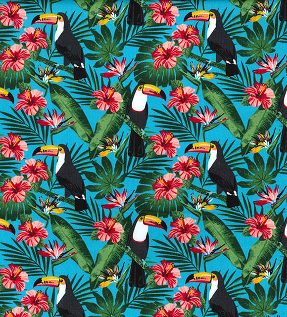 100% Cotton - Toucan Birds, Tropical Hibiscus Flowers & Palm Leaves on Blue - Quality Cotton Craft Fabric Material