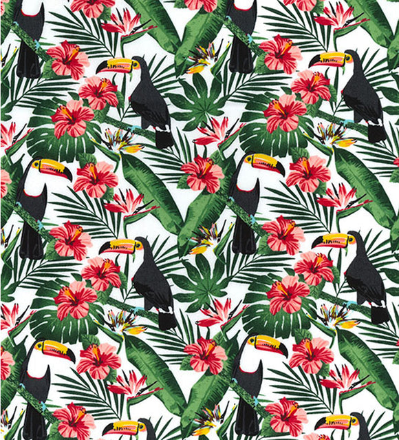 100% Cotton - Toucan Birds, Tropical Hibiscus Flowers & Palm Leaves on White - Quality Cotton Craft Fabric Material