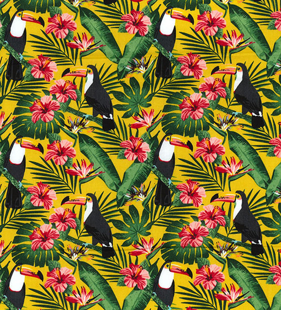 100% Cotton - Toucan Birds, Tropical Hibiscus Flowers & Palm Leaves on Yellow - Quality Cotton Craft Fabric Material