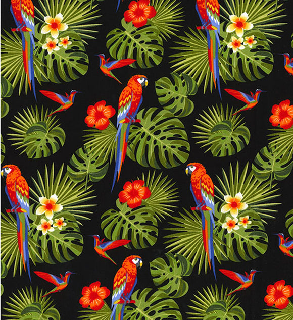 100% Cotton - Parrots Macaws Birds, Tropical Hibiscus Flowers & Palm Leaves on Black - Quality Cotton Craft Fabric Material