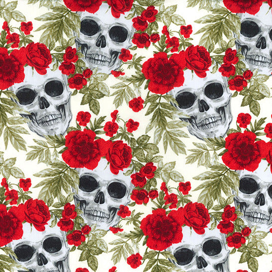 Halloween Fabric - Skulls & Roses Print - IVORY - 100% Cotton