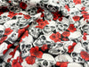 Halloween Fabric ~ Skulls & Red Flowers Print ~ BLACK ~ 100% Cotton Poplin Prints