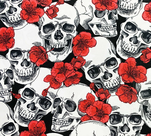 Halloween Fabric ~ Skulls & Red Flowers Print ~ BLACK ~ 100% Cotton Poplin Prints