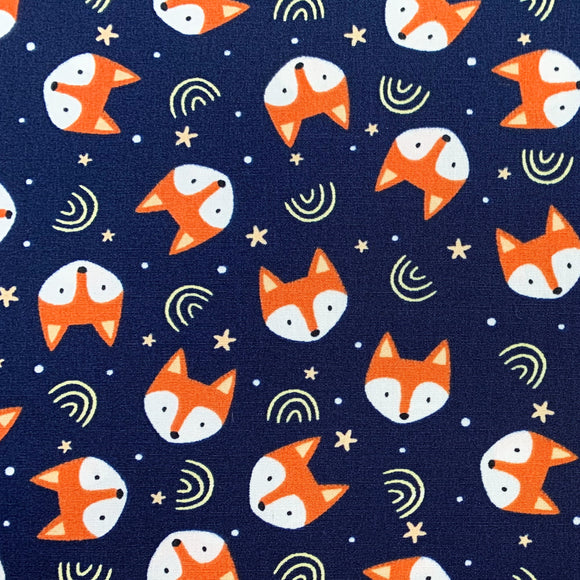 Childrens Fabric - Cute Fox Print on Navy Blue - 100% Cotton Poplin