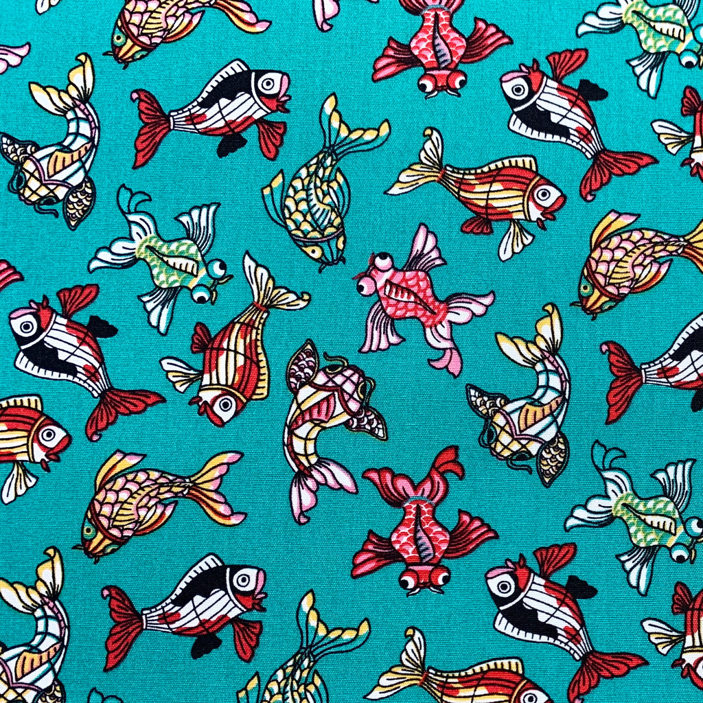 Cotton Poplin Fabric - Oriental Fish Koi on Jade Green