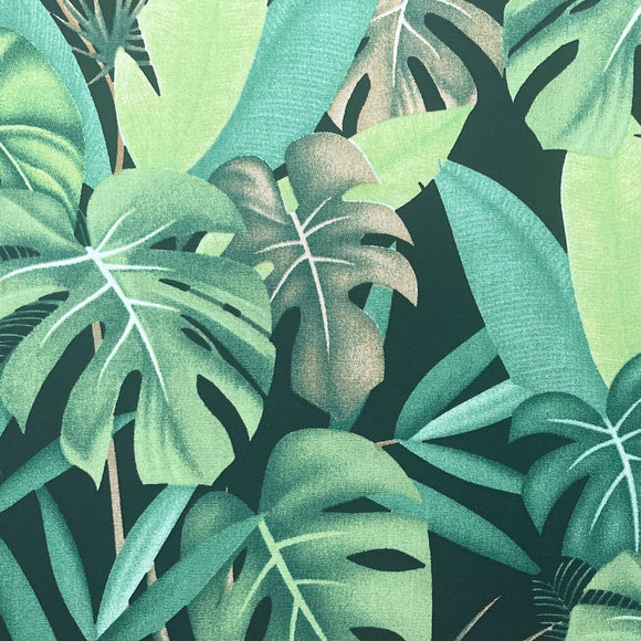Cotton Poplin Fabric - Green Tropical Palm Leaf on Black