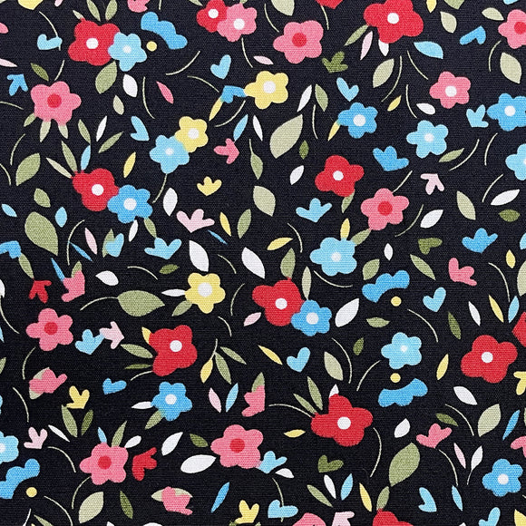 Cotton Poplin Fabric - Red & Blue Ditsy Floral Print on Black