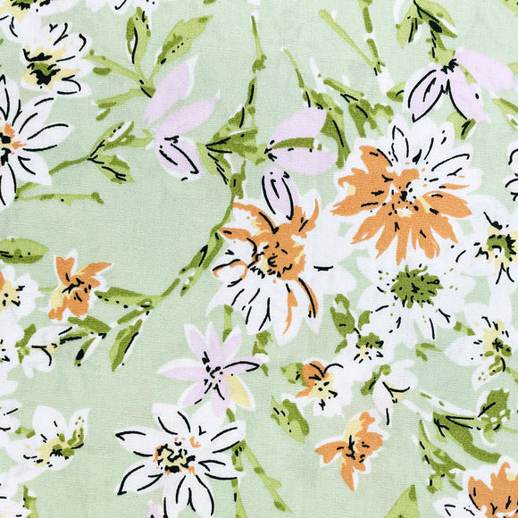 Cotton Poplin Fabric - Orange & White Daisy Floral on Meadow Green