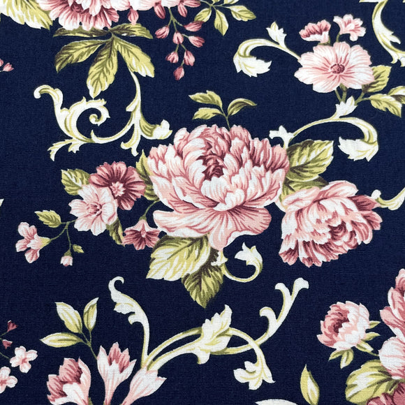 Cotton Poplin Fabric - Pink Roses on Navy Blue