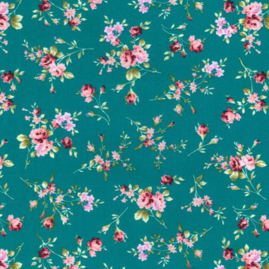 Cotton Poplin Fabric - Rose Pink Floral on Teal Green