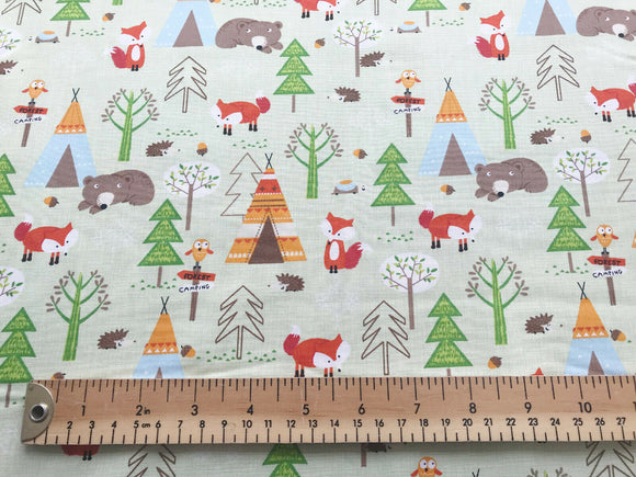 Childrens Fabrics ~ Animal Camping Fox Bear Print  ~ 100% Cotton Poplin Prints