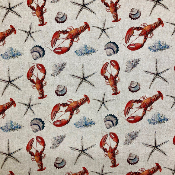 Upholstery Fabric - Cotton Rich Linen Look Material - Lobster Starfish Seashells