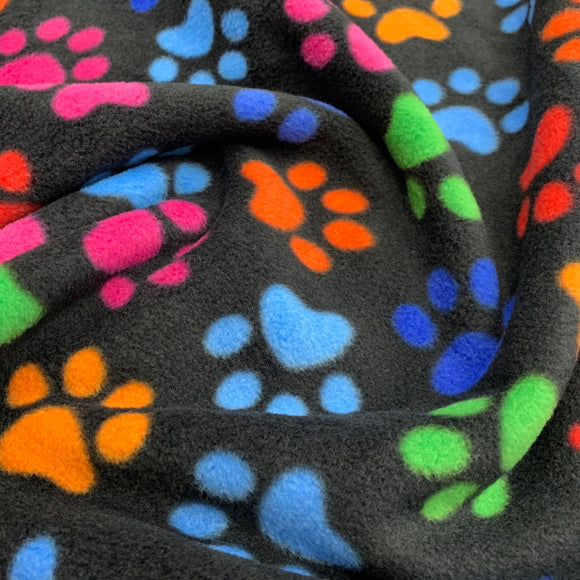 Fleece Fabric - Multi Colour Paw Print on Black - 60