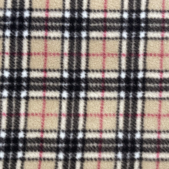 Soft Fleece Fabric - Beige Black & Red Tartan Check - 60