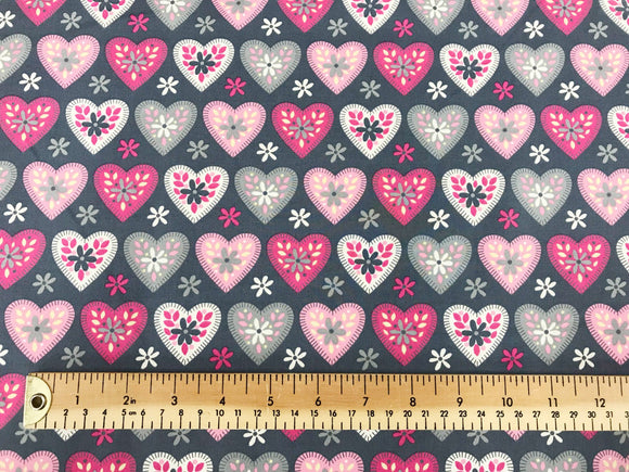Love Heart Fabric ~ GREY & PINK Hearts ~ 100% Cotton Poplin
