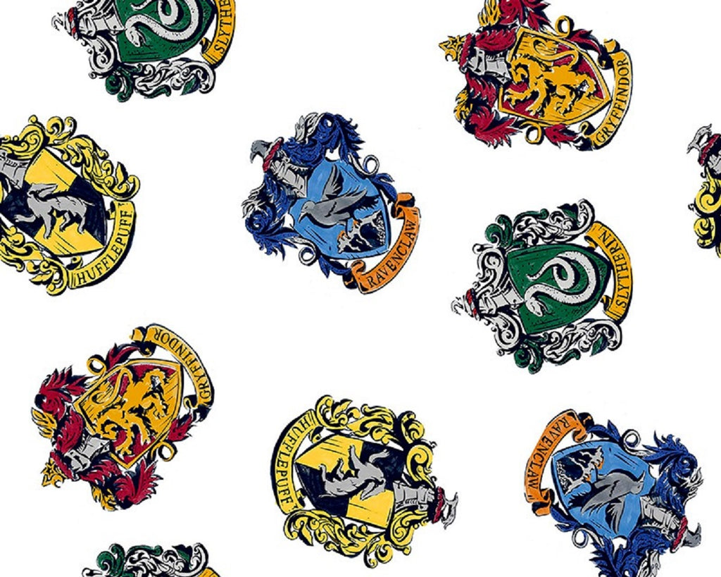 Childrens Fabric ~ Harry Potter Badges Print ~Gryffindor Hufflepuff Ravenclaw Slytherin 100% Craft Cotton