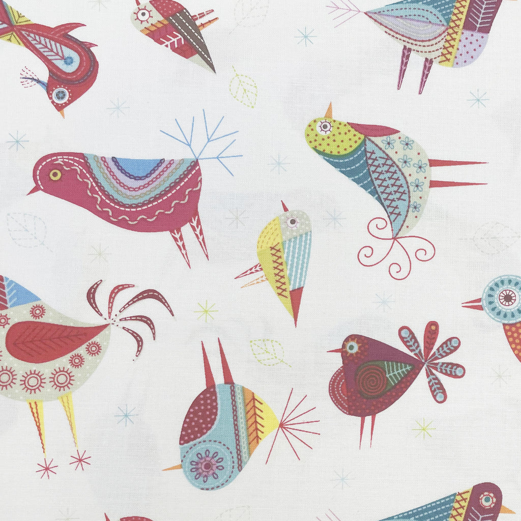 100% Cotton - Cute Multicolour Birds on White