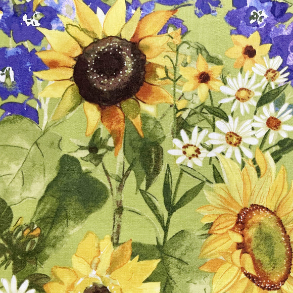 100% Cotton - Sunflowers & Purple Flowers on Green