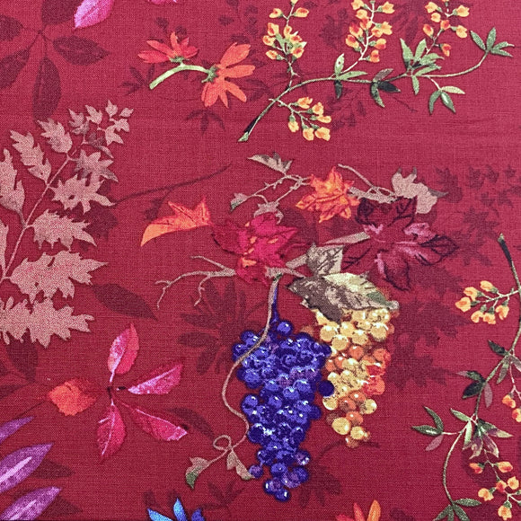 100% Cotton Fabric - Grape Vine & Floral Print on Cardinal