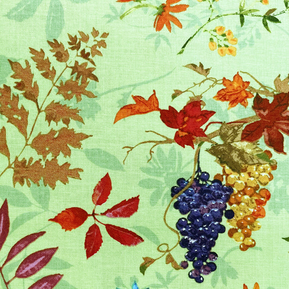 100% Cotton Fabric - Grape Vine & Floral Print on Chartreuse