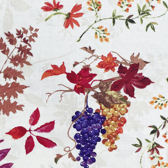 100% Cotton Fabric - Grape Vine & Floral Print on Ivory